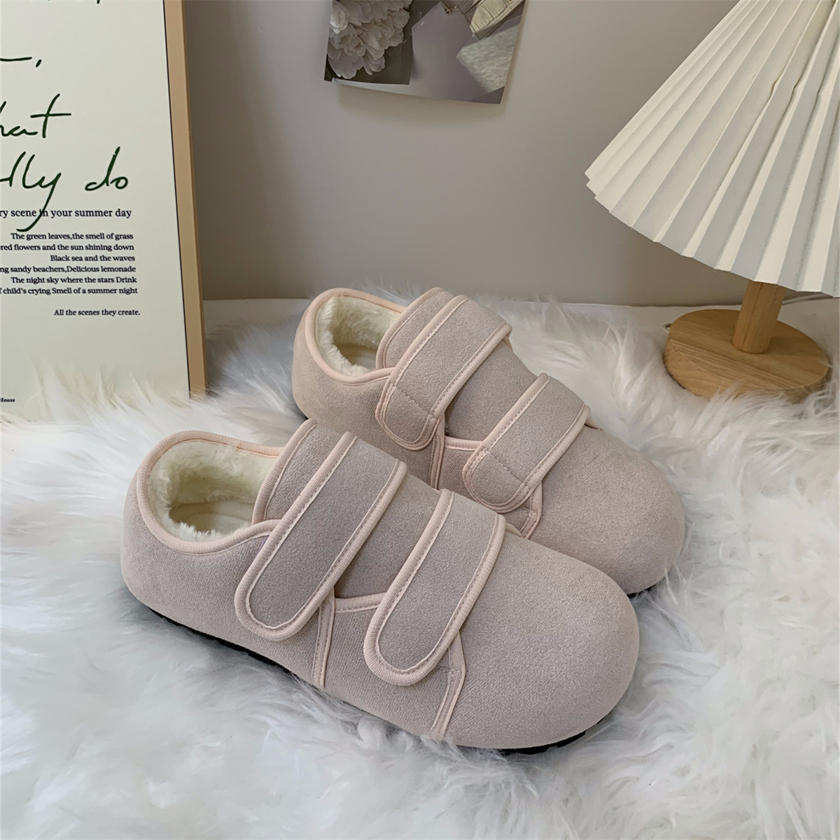 韩版简约甜美毛呢魔术贴加绒包头一脚蹬棉鞋秋冬新款ins潮勃肯鞋