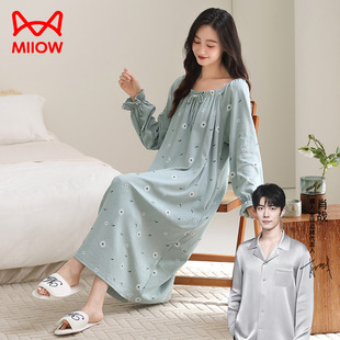 猫人睡裙女士春秋季纯棉长袖套头中长款连衣裙宽松甜美秋天家居裙