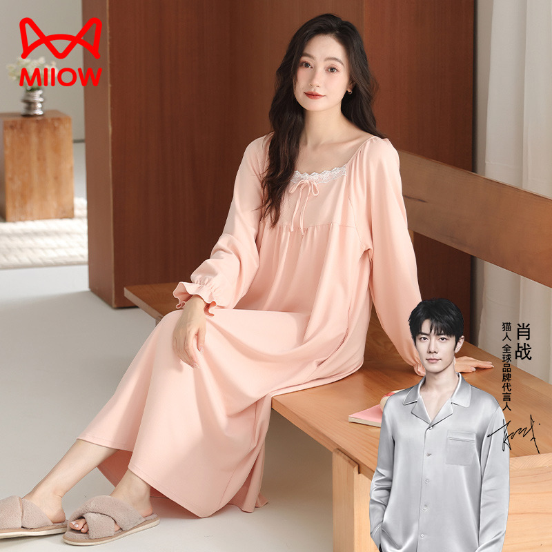 女款纯棉长袖睡裙春秋季新款简约
