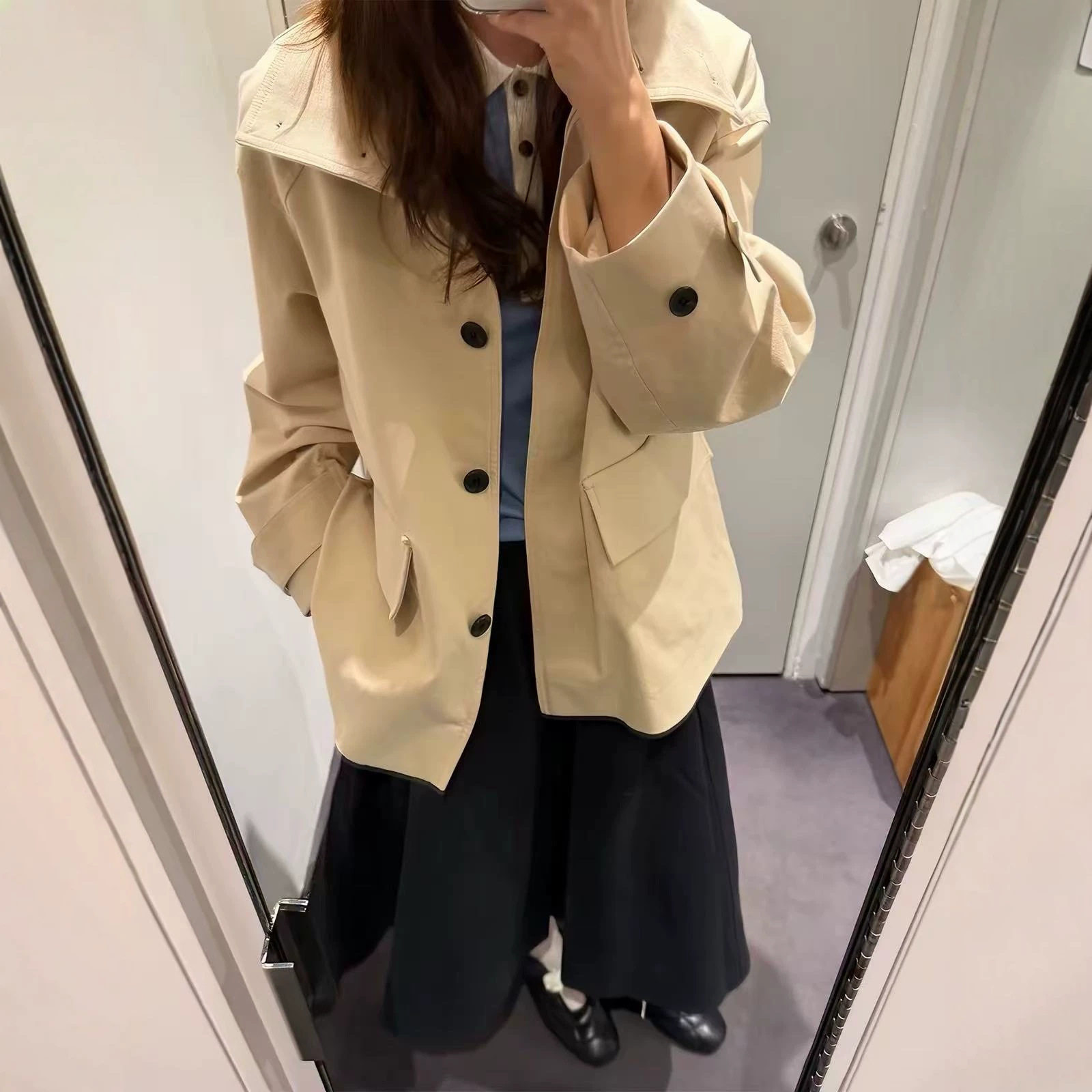 C+风新款女装 标准版型烟囱领风衣外套浅米色2026秋季1350913001
