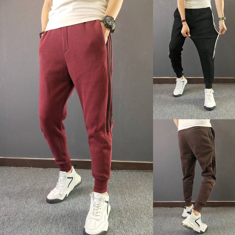 酒红咖色针织潮流三条杠运动裤子