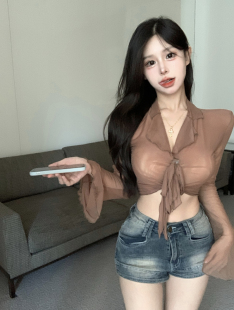 法式复古辣妹系带喇叭袖衬衫女春夏装不规则修身短款露脐打底上衣