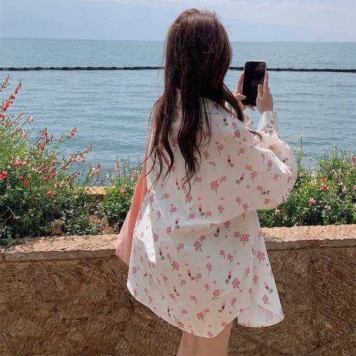 法式春夏薄款外套碎花翻领上衣女