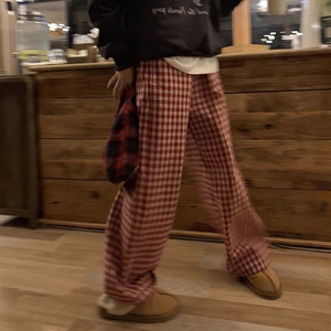 美式复古休闲红色格子高腰直筒阔腿裤子女春秋冬薄款运动宽松长裤