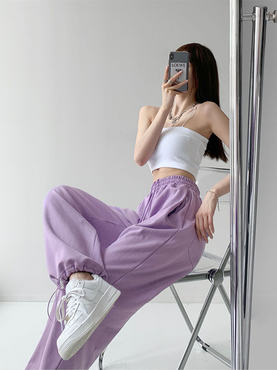 紫色宽松运动长裤子女春夏季抽绳高腰显瘦阔腿裤束脚休闲拖地卫裤