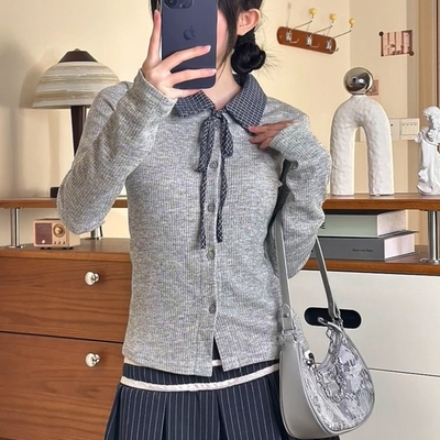 法式复古格子衬衫翻领假两件内搭