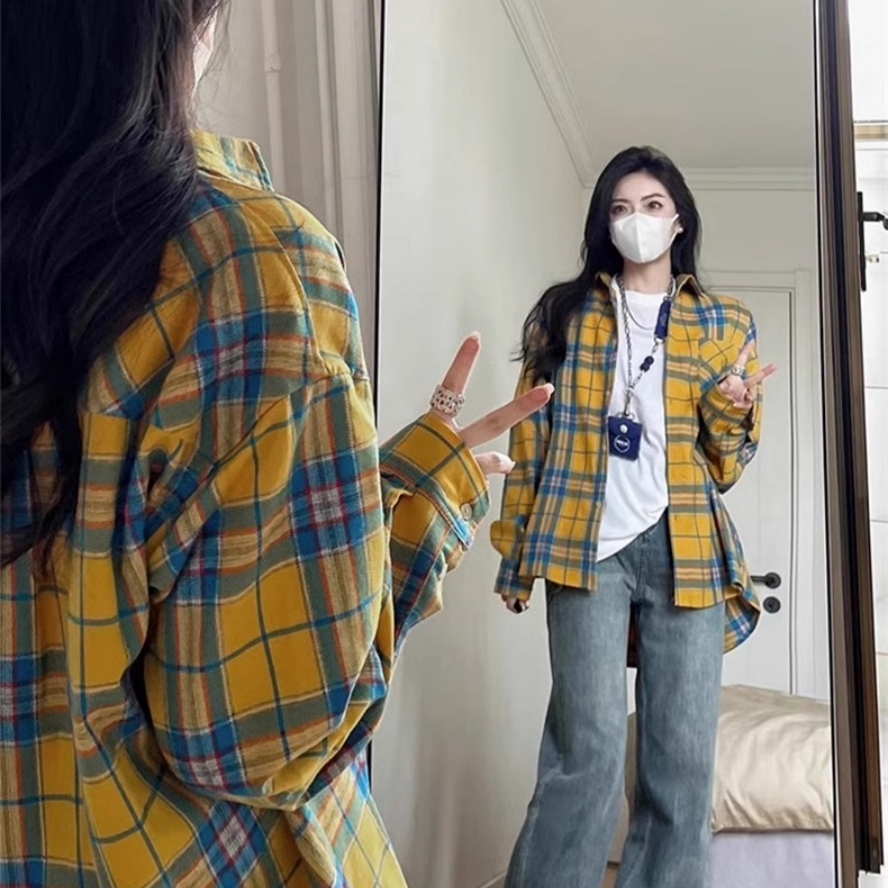 法式复古黄色格子衬衫防晒外套女
