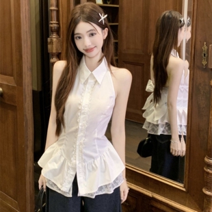 法式蕾丝花边挂脖无袖衬衫女春秋夏季蝴蝶结绑带露背短款收腰上衣