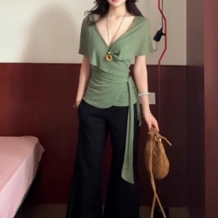 外穿修身 法式 女春夏季 打底衫 收腰上衣 复古辣妹绑带交叉v领T恤短袖