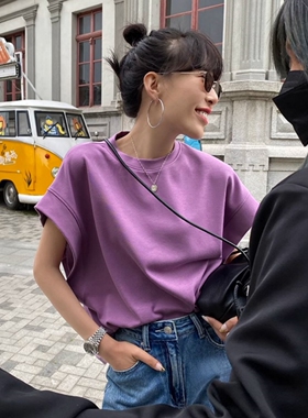 美式复古短袖紫色t恤女ins夏季休闲打底衫设计感中长款宽松上衣潮