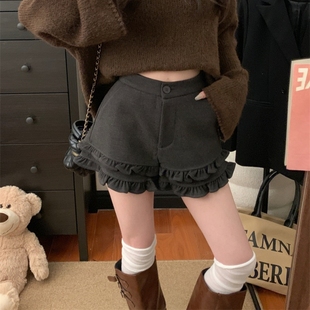 荷叶边毛呢短裤 靴裤 子女春秋季 休闲热裤 外穿打底内搭高腰修身 法式
