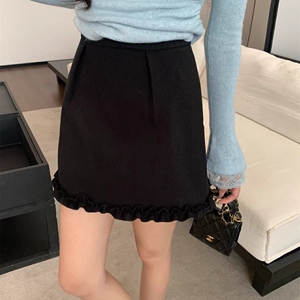 法式复古花苞毛呢半身裙女春秋休闲外穿打底内搭高腰显瘦A字短裙