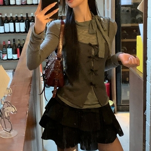 叠穿两件套修身 法式 女春秋季 半高领蝴蝶结蕾丝微透打底衫 上衣 长袖