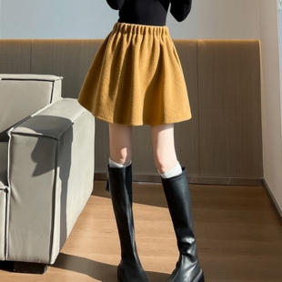 法式休闲黄色毛呢松紧腰半身裙女春秋冬季外穿内搭a字裙打底短裙