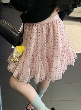法式复古波点网纱荷叶边半身裙女