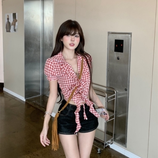 纯欲韩系辣妹荷叶边绑带红色格子短袖衬衫女春夏季设计感短款上衣