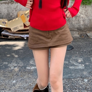 美拉德辣妹复古咖色半身裙女春秋季高腰打底内搭A字包臀短裙裤子