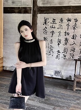 法式复古吊带挂脖无袖连衣裙子女