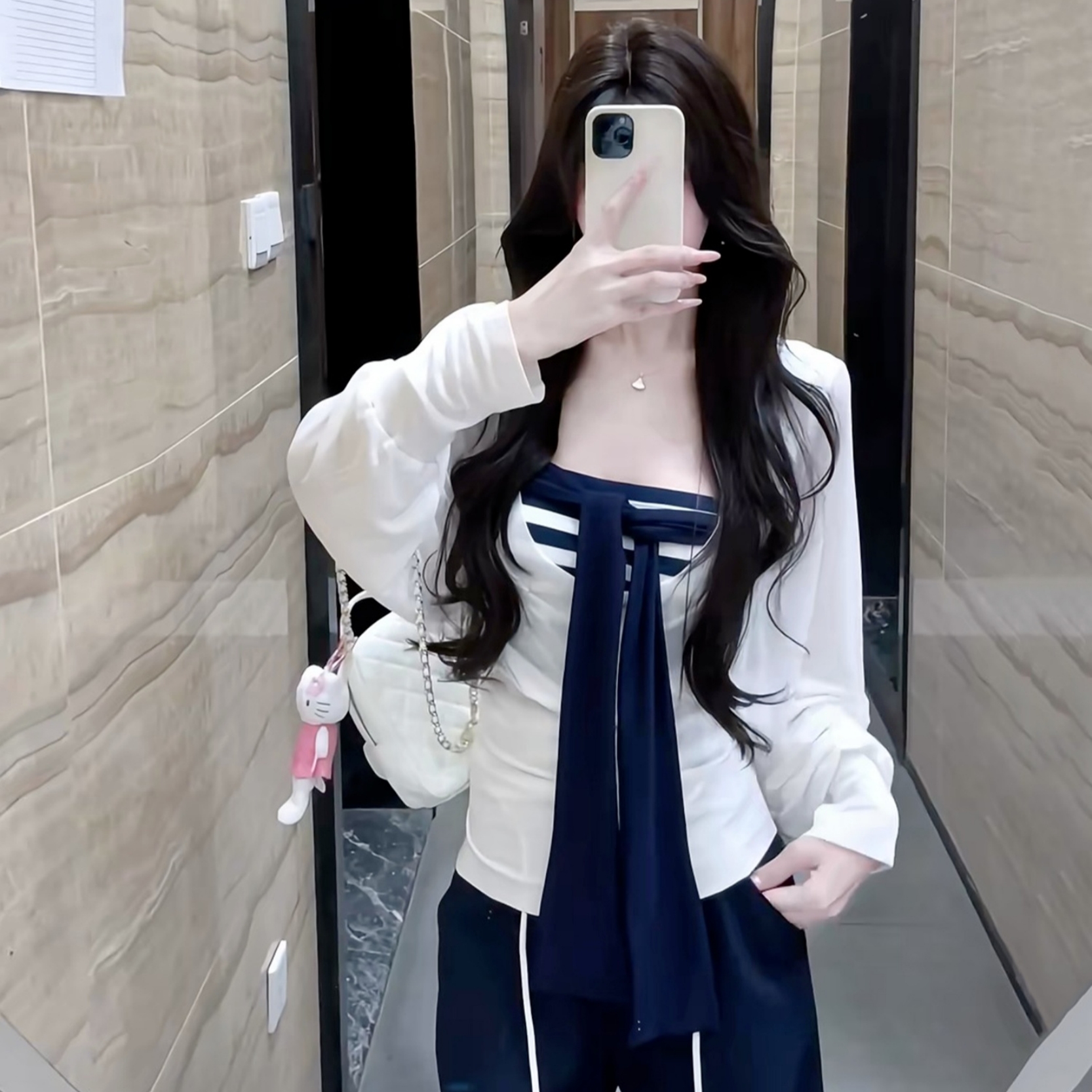 条纹抹胸背心上衣女长袖防晒罩衫