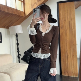 内搭修身 法式 女春秋季 蕾丝花边打底衫 上衣 复古纯欲辣妹假两件长袖