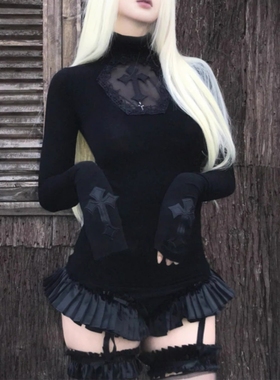 美式辣妹暗黑十字架镂空网纱高领长袖打底衫女春秋季外穿内搭上衣