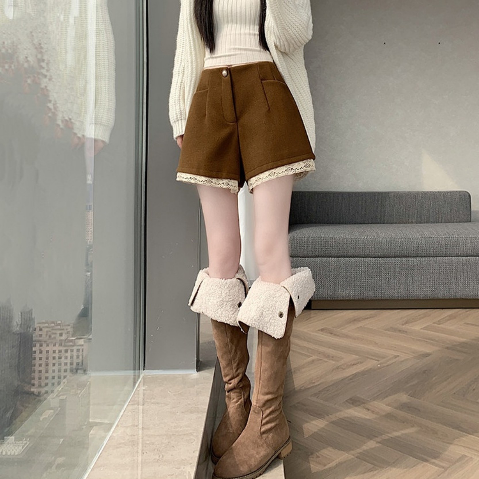 法式复古休闲毛呢短裤子女春秋冬季打底内搭蕾丝花边a字靴裤外穿,女装/女士精品,休闲裤,淘宝优惠券,粉丝福利购,淘宝优惠卷
