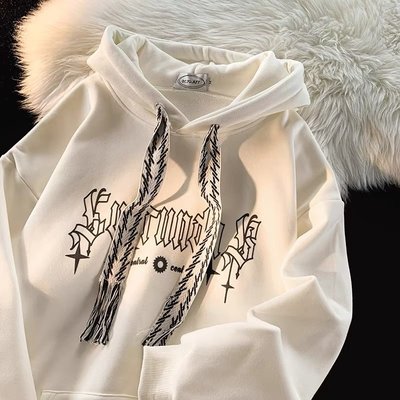 薄款卫衣男秋季美式复古高街休闲外套日系潮牌宽松百搭加绒连帽衫