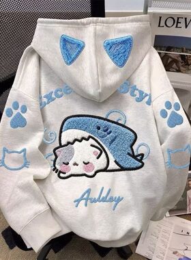 2026秋冬季新款仿刺绣印花男女童卡通猫咪加绒连帽卫衣中大童上衣