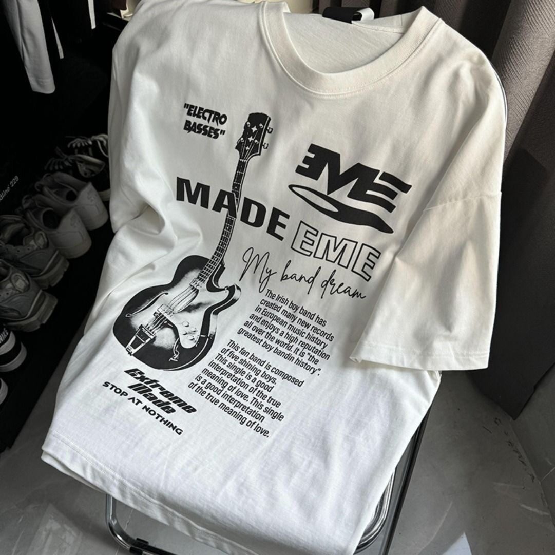 摇滚男高街tins宽松纯棉潮牌短袖吉他上衣百搭恤美式印花复古休闲