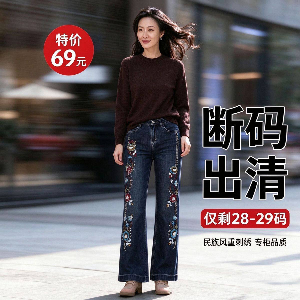 刺绣直筒牛仔长裤女士高腰大码