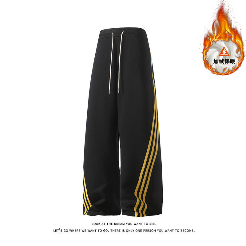美式撞色条纹加绒卫裤男女宽松直筒休闲运动裤加厚保暖阔腿裤百搭