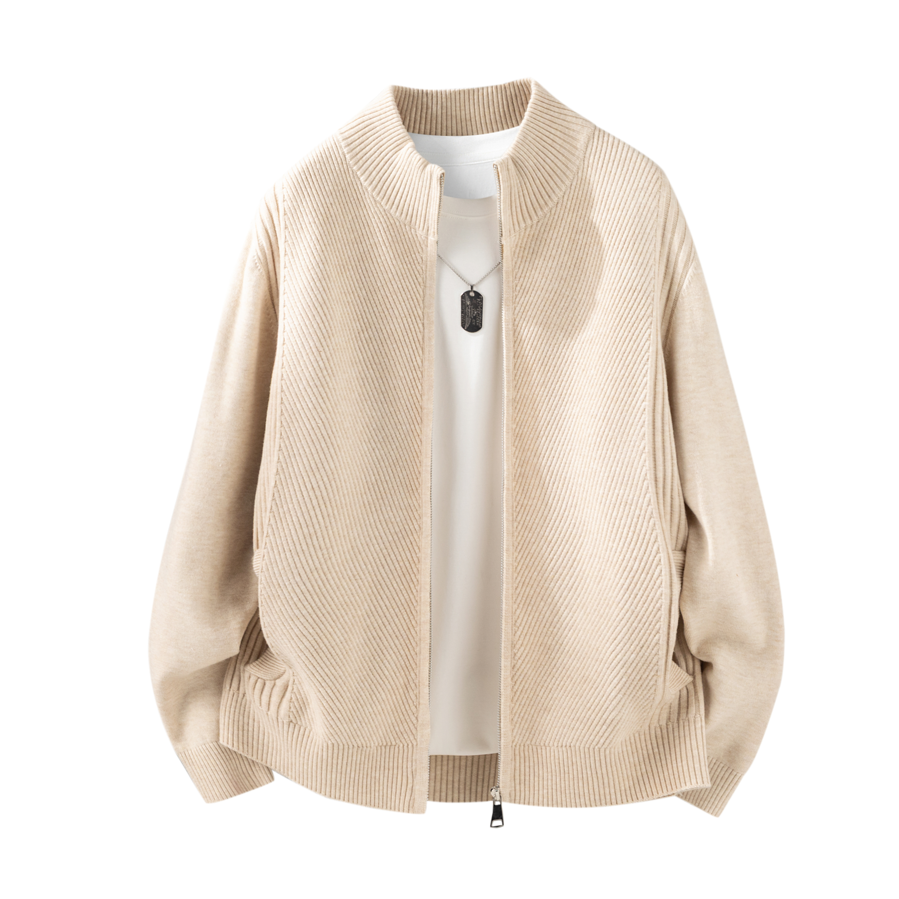 休闲慵懒风情侣立领拉链针织开衫