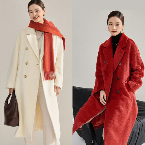 25冬女士毛呢外套新101801长毛苏力阿尔巴卡安可拉红大衣女22519