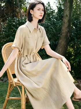 巨好看的OL莱赛尔亚麻轻盈透气衬衫式短袖连衣裙女2026年轻款长裙