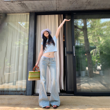 浅色微喇叭牛仔裤女2025夏季新款弹力宽松显瘦美式低腰辣妹拖地裤