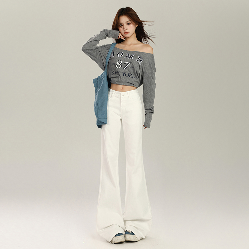 白色高腰不贴腿微喇牛仔裤女2025年夏季薄款宽松弹力马蹄拖地裤子