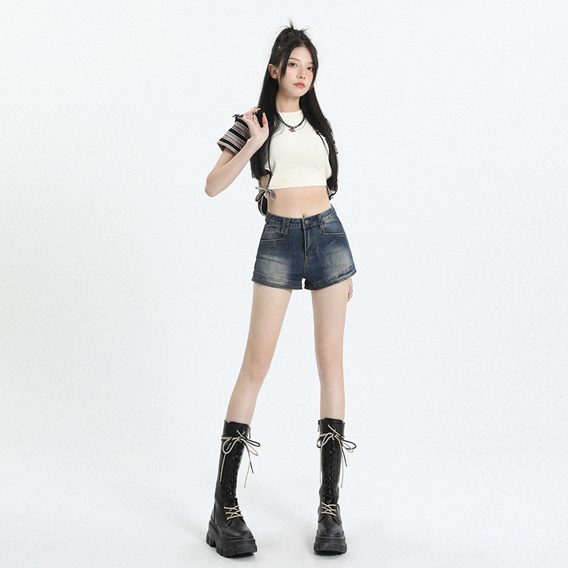 美式复古牛仔短裤女2025夏季新款薄款高腰a字超短辣妹热裤短裙子