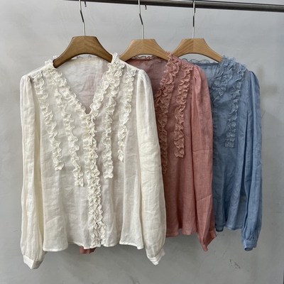 长袖苎麻甜美木耳边衬衫上衣