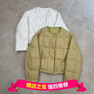 欧货秋冬新款时尚圆领单排扣鹅黄色羽绒服名媛风羊毛短款鹅绒服女