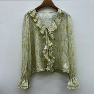 欧货女装新款法式复古碎花衬衫苎麻荷叶边V领系带喇叭袖通勤上衣