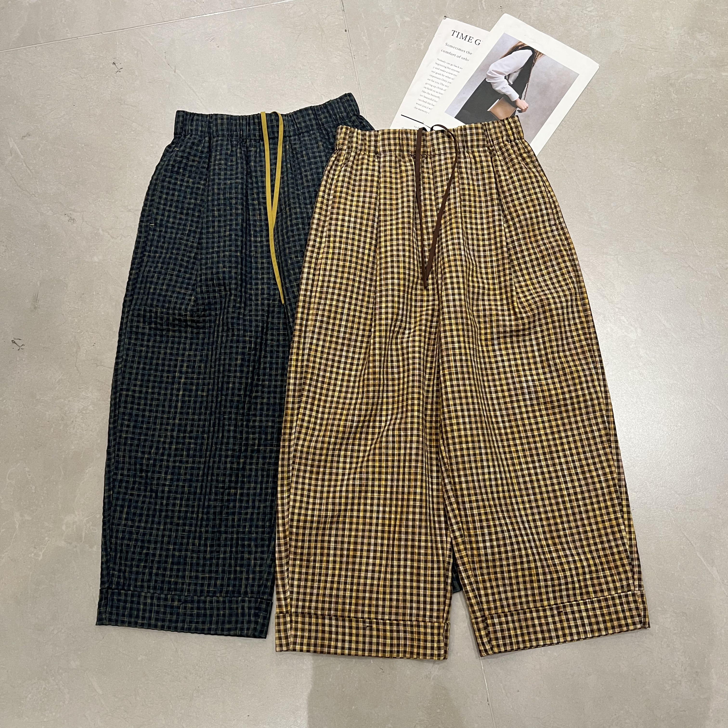 欧洲站2026春季新款欧货松紧腰复古黄色格子九分宽松休闲裤88806