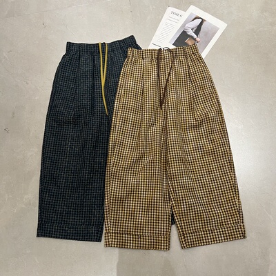 松紧腰休闲黄色格子九分直筒裤女