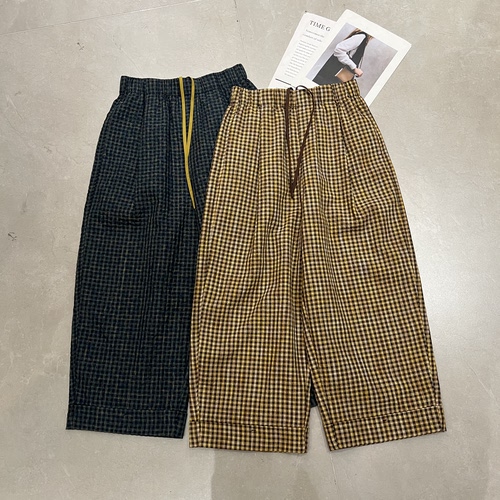 松紧腰休闲黄色格子九分直筒裤女