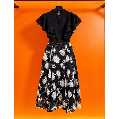法式气质高端轻奢高级感御姐风端庄大气宴会黑色拼接碎花连衣裙夏