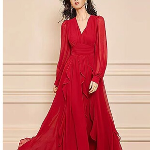 法式经典红色收腰连衣裙优雅减龄荷叶边设计长裙非市场通货