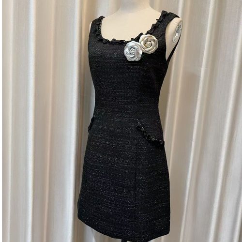 早安樊樊 千金感U领织带露背细闪小黑裙女秋收腰背心裙短款连衣裙