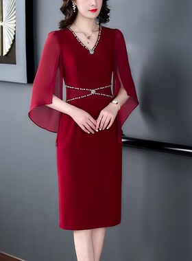 2023年红色连衣裙女夏季新款重工钉珠高级感气质优雅V领包臀裙子
