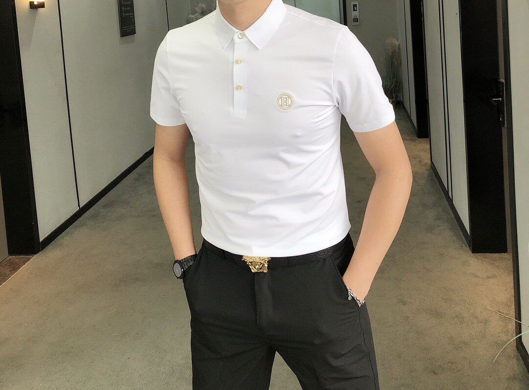 丝光棉T恤男士小翻领短袖polo衫夏丝滑凉感青年痞帅H标修身半袖