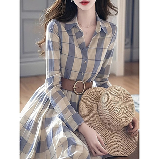 正式场合气质超好看小众不撞款简单大方格纹衬衫长袖连衣裙子女秋