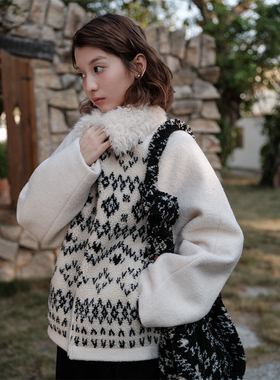 Botanique植物学“人生是旷野”费尔岛摇粒绒毛领拼接毛呢棉外套